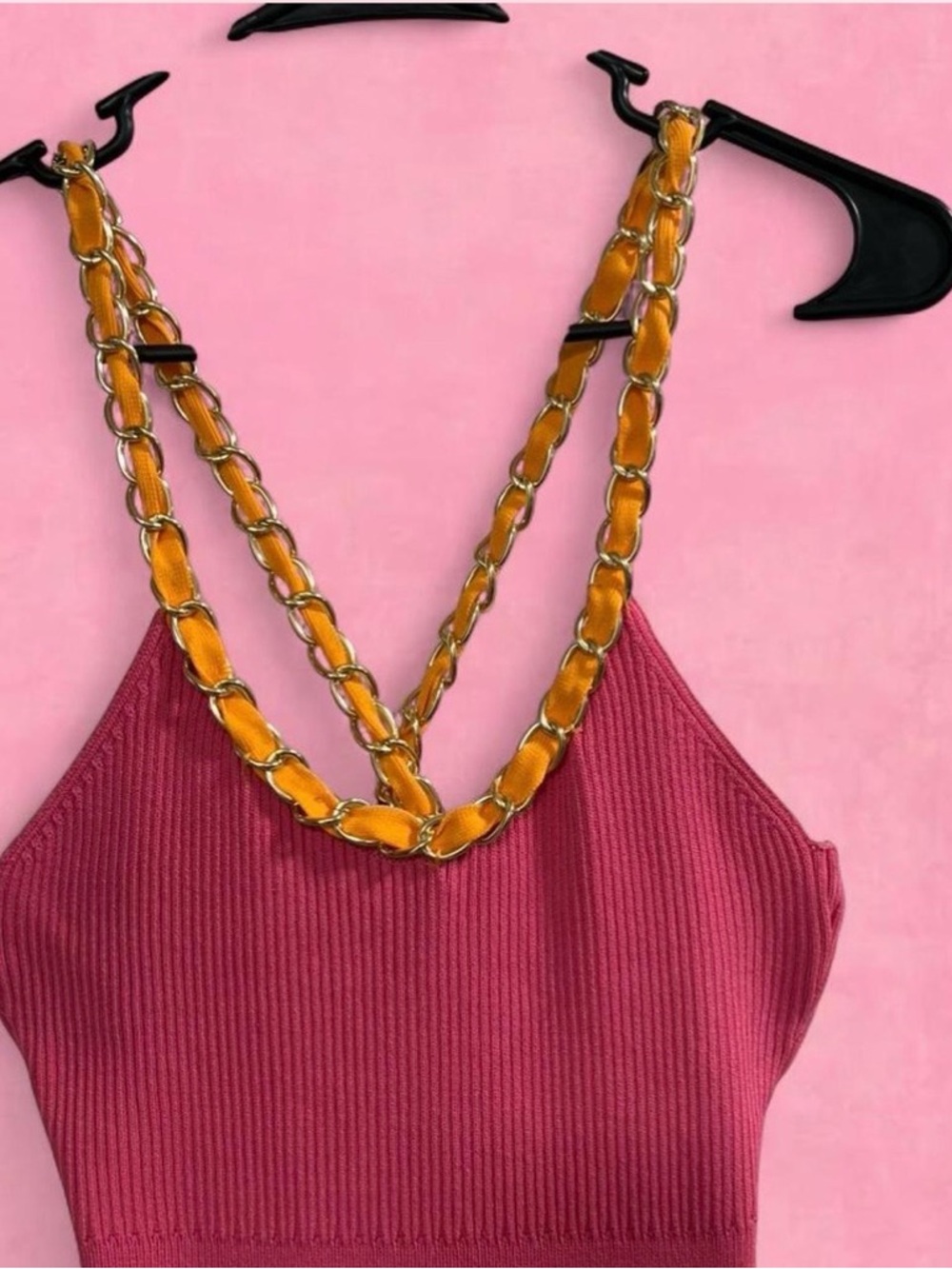 Zara Pink Sleeveless Knitted A-Line Mini Dress with orange and gold chain Trim - Picture 3 of 7